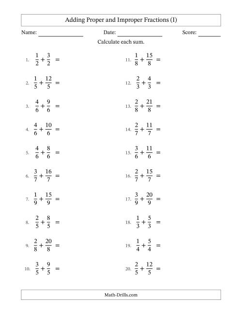 The Adding Proper and Improper Fractions with Equal Denominators, Mixed Fractions Results and Some Simplifying (I) Math Worksheet