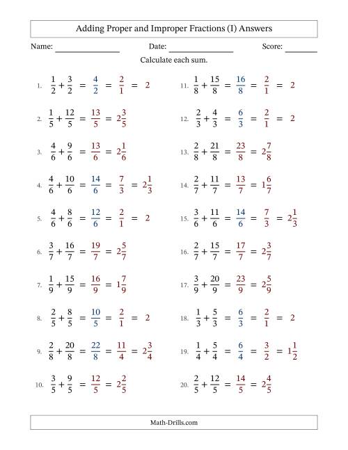 The Adding Proper and Improper Fractions with Equal Denominators, Mixed Fractions Results and Some Simplifying (I) Math Worksheet Page 2