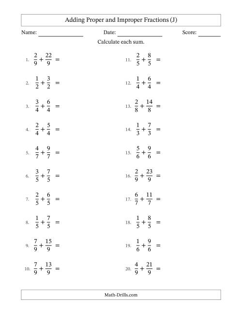 The Adding Proper and Improper Fractions with Equal Denominators, Mixed Fractions Results and Some Simplifying (J) Math Worksheet