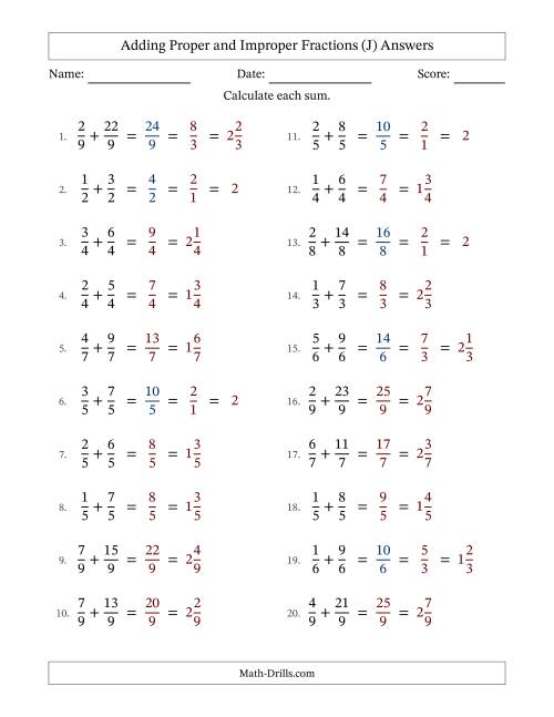 The Adding Proper and Improper Fractions with Equal Denominators, Mixed Fractions Results and Some Simplifying (J) Math Worksheet Page 2
