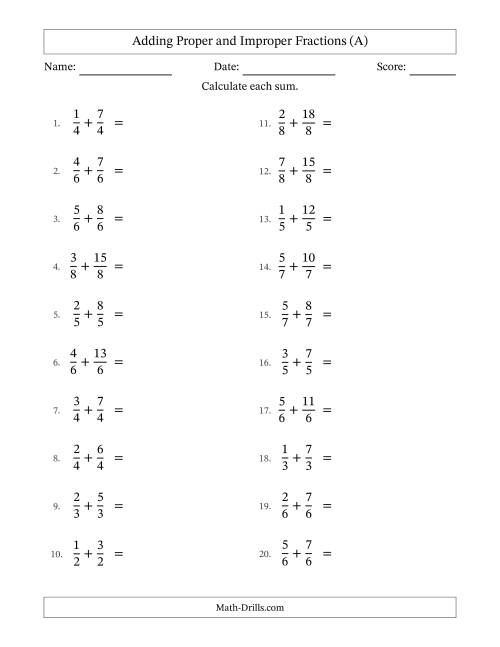The Adding Proper and Improper Fractions with Equal Denominators, Mixed Fractions Results and Some Simplifying (All) Math Worksheet