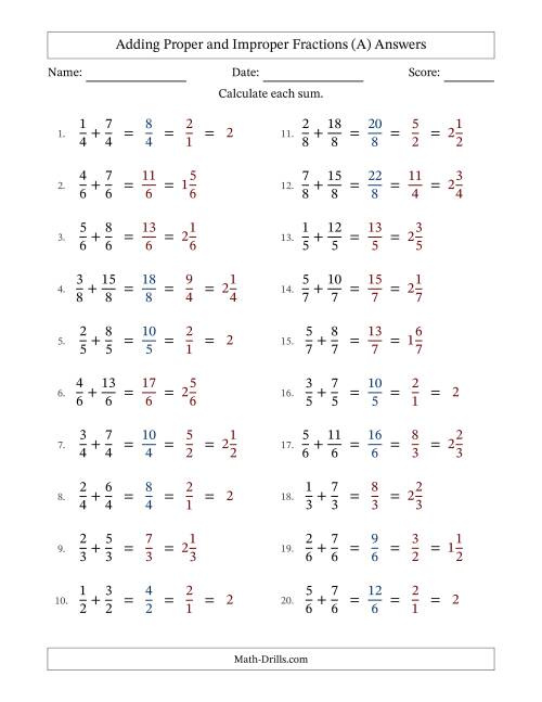 The Adding Proper and Improper Fractions with Equal Denominators, Mixed Fractions Results and Some Simplifying (All) Math Worksheet Page 2