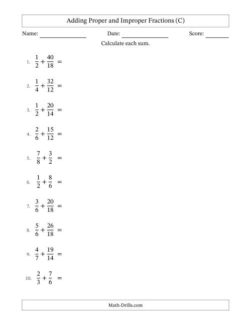 The Adding Proper and Improper Fractions with Similar Denominators, Mixed Fractions Results and No Simplifying (C) Math Worksheet