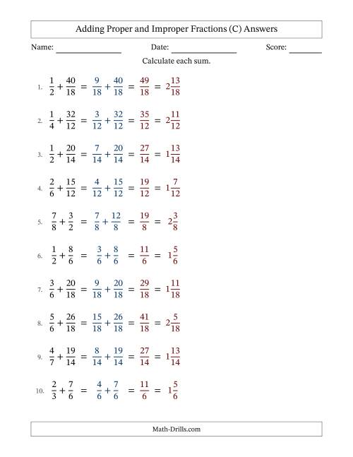 The Adding Proper and Improper Fractions with Similar Denominators, Mixed Fractions Results and No Simplifying (C) Math Worksheet Page 2