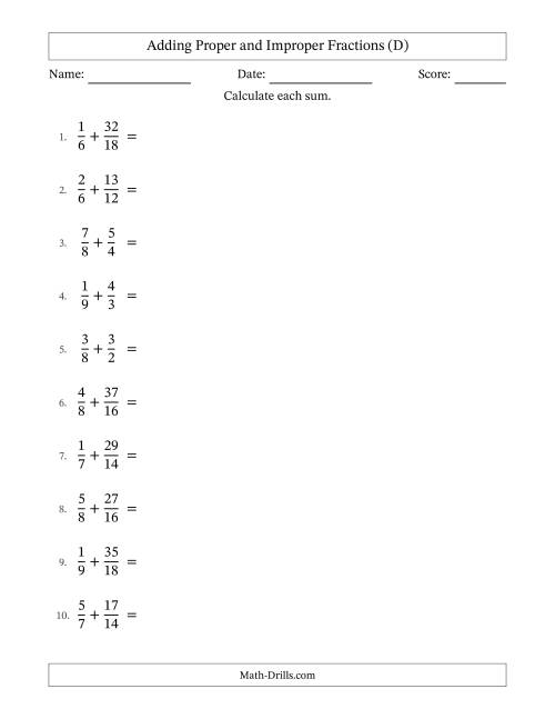 The Adding Proper and Improper Fractions with Similar Denominators, Mixed Fractions Results and No Simplifying (D) Math Worksheet