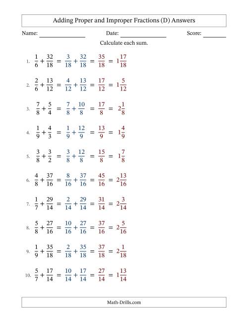 The Adding Proper and Improper Fractions with Similar Denominators, Mixed Fractions Results and No Simplifying (D) Math Worksheet Page 2