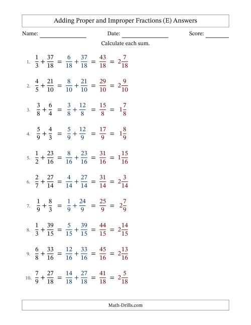 The Adding Proper and Improper Fractions with Similar Denominators, Mixed Fractions Results and No Simplifying (E) Math Worksheet Page 2