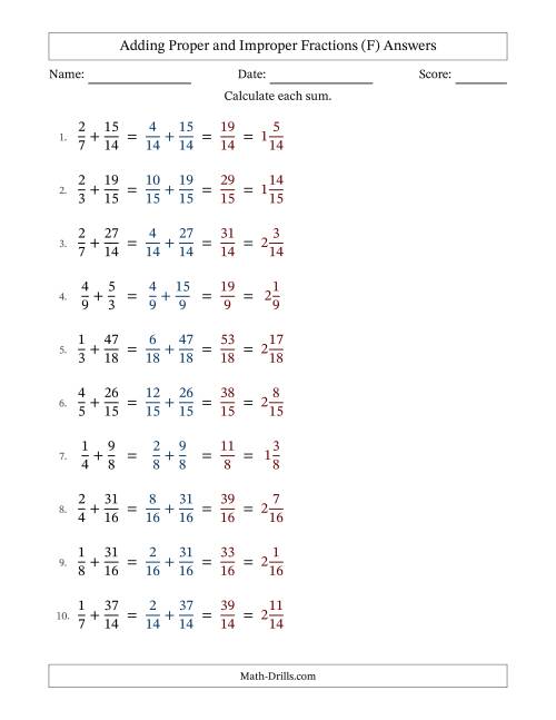 The Adding Proper and Improper Fractions with Similar Denominators, Mixed Fractions Results and No Simplifying (F) Math Worksheet Page 2