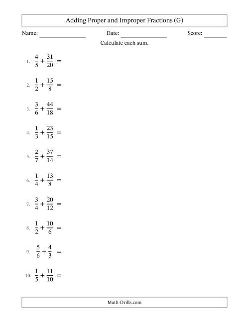 The Adding Proper and Improper Fractions with Similar Denominators, Mixed Fractions Results and No Simplifying (G) Math Worksheet