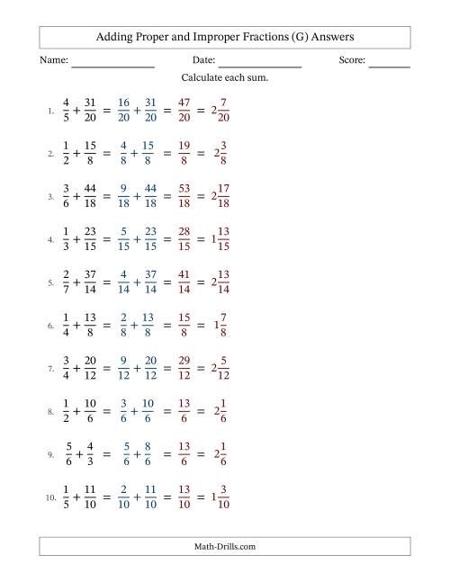 The Adding Proper and Improper Fractions with Similar Denominators, Mixed Fractions Results and No Simplifying (G) Math Worksheet Page 2
