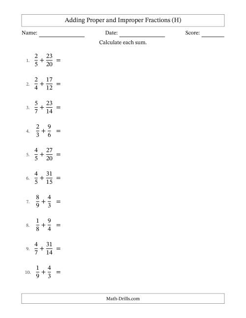The Adding Proper and Improper Fractions with Similar Denominators, Mixed Fractions Results and No Simplifying (H) Math Worksheet