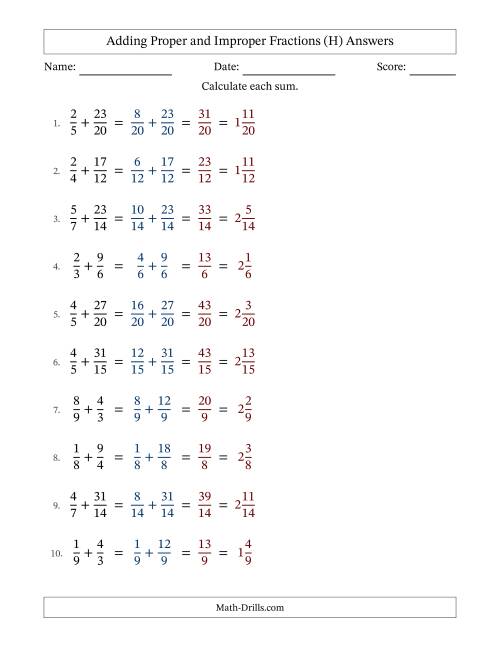 The Adding Proper and Improper Fractions with Similar Denominators, Mixed Fractions Results and No Simplifying (H) Math Worksheet Page 2