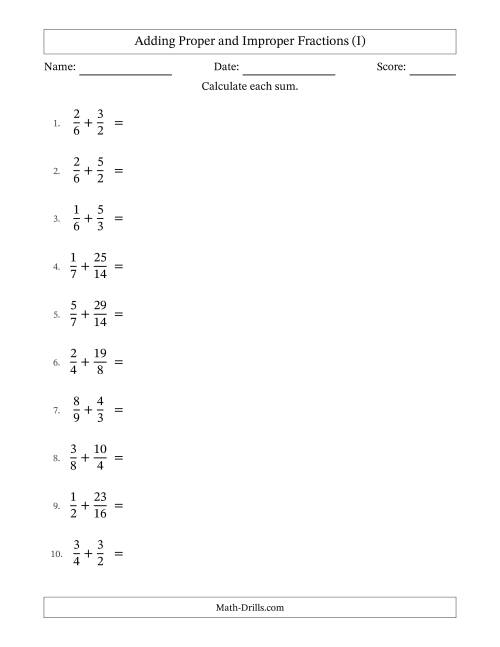 The Adding Proper and Improper Fractions with Similar Denominators, Mixed Fractions Results and No Simplifying (I) Math Worksheet
