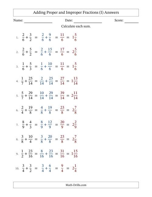 The Adding Proper and Improper Fractions with Similar Denominators, Mixed Fractions Results and No Simplifying (I) Math Worksheet Page 2