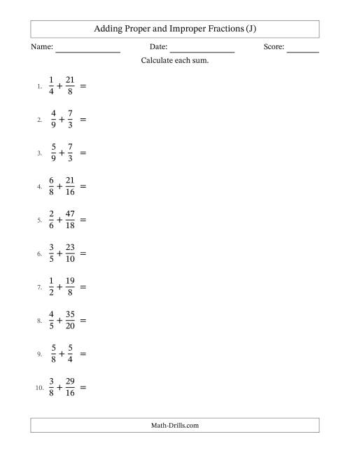 The Adding Proper and Improper Fractions with Similar Denominators, Mixed Fractions Results and No Simplifying (J) Math Worksheet