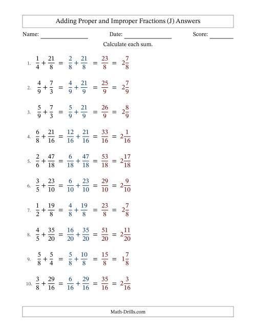 The Adding Proper and Improper Fractions with Similar Denominators, Mixed Fractions Results and No Simplifying (J) Math Worksheet Page 2