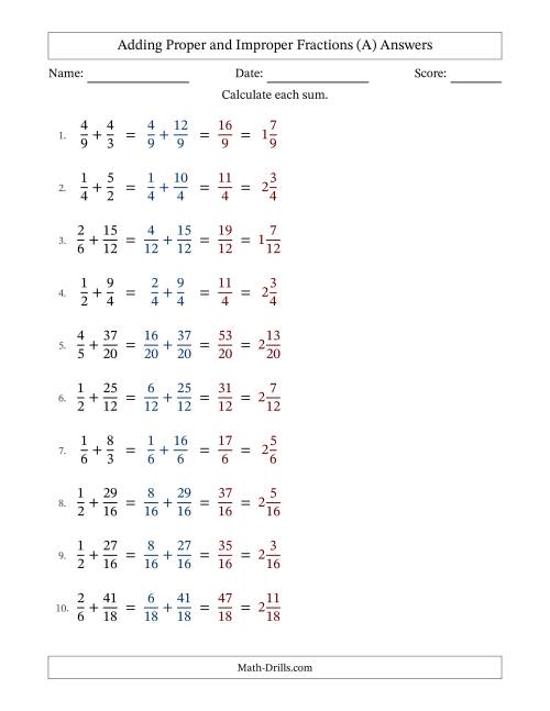 The Adding Proper and Improper Fractions with Similar Denominators, Mixed Fractions Results and No Simplifying (All) Math Worksheet Page 2