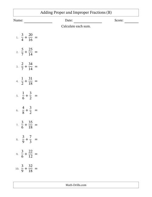 The Adding Proper and Improper Fractions with Similar Denominators, Mixed Fractions Results and All Simplifying (B) Math Worksheet