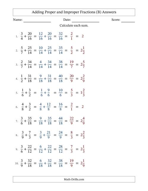 The Adding Proper and Improper Fractions with Similar Denominators, Mixed Fractions Results and All Simplifying (B) Math Worksheet Page 2