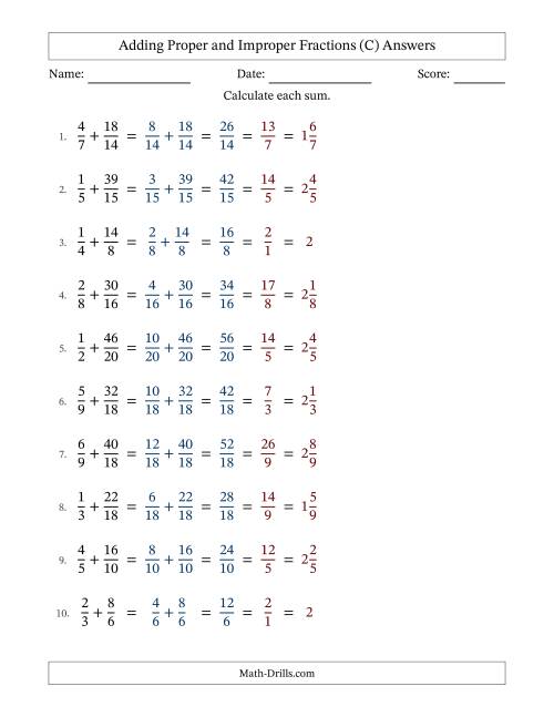 The Adding Proper and Improper Fractions with Similar Denominators, Mixed Fractions Results and All Simplifying (C) Math Worksheet Page 2