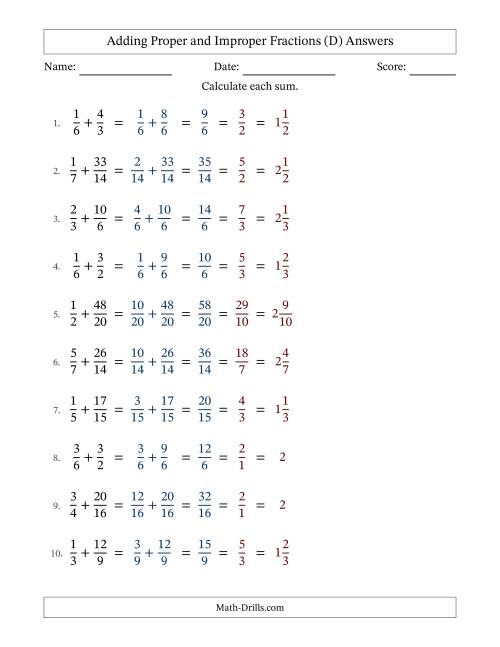 The Adding Proper and Improper Fractions with Similar Denominators, Mixed Fractions Results and All Simplifying (D) Math Worksheet Page 2