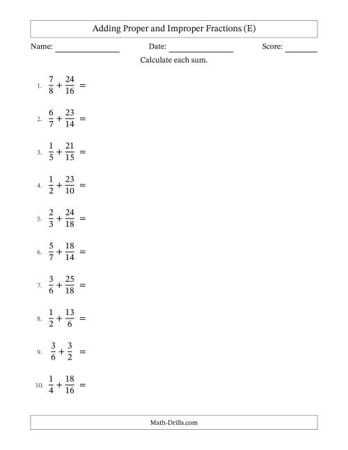 The Adding Proper and Improper Fractions with Similar Denominators, Mixed Fractions Results and All Simplifying (E) Math Worksheet