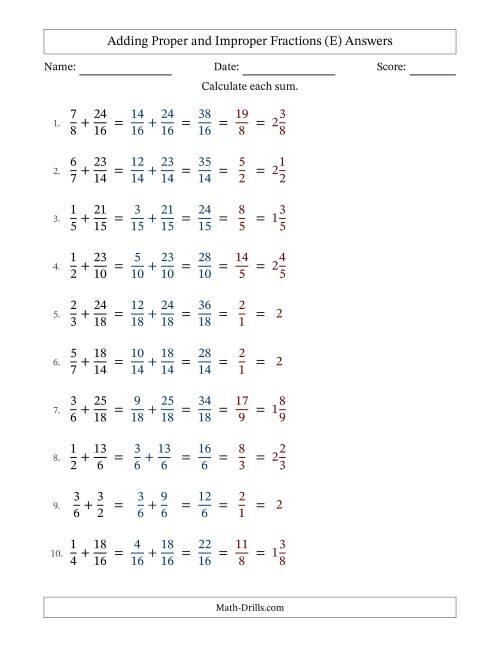 The Adding Proper and Improper Fractions with Similar Denominators, Mixed Fractions Results and All Simplifying (E) Math Worksheet Page 2