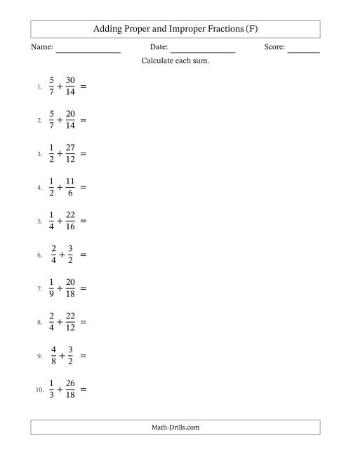 The Adding Proper and Improper Fractions with Similar Denominators, Mixed Fractions Results and All Simplifying (F) Math Worksheet