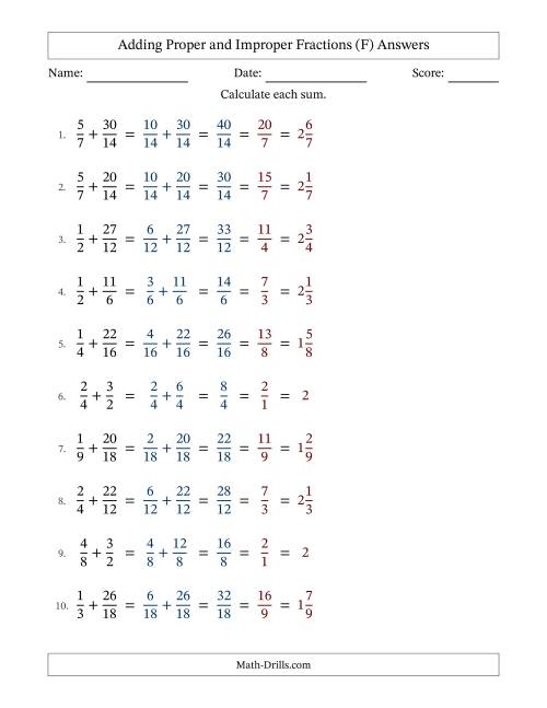 The Adding Proper and Improper Fractions with Similar Denominators, Mixed Fractions Results and All Simplifying (F) Math Worksheet Page 2