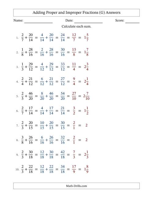 The Adding Proper and Improper Fractions with Similar Denominators, Mixed Fractions Results and All Simplifying (G) Math Worksheet Page 2