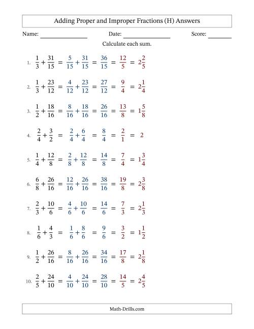 The Adding Proper and Improper Fractions with Similar Denominators, Mixed Fractions Results and All Simplifying (H) Math Worksheet Page 2