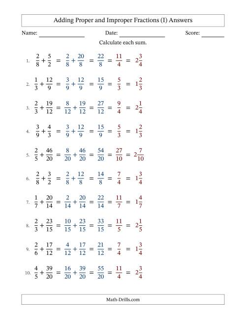 The Adding Proper and Improper Fractions with Similar Denominators, Mixed Fractions Results and All Simplifying (I) Math Worksheet Page 2