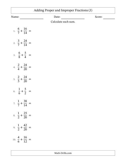 The Adding Proper and Improper Fractions with Similar Denominators, Mixed Fractions Results and All Simplifying (J) Math Worksheet