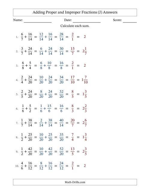 The Adding Proper and Improper Fractions with Similar Denominators, Mixed Fractions Results and All Simplifying (J) Math Worksheet Page 2