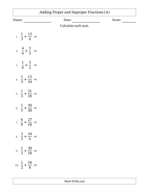 The Adding Proper and Improper Fractions with Similar Denominators, Mixed Fractions Results and All Simplifying (All) Math Worksheet