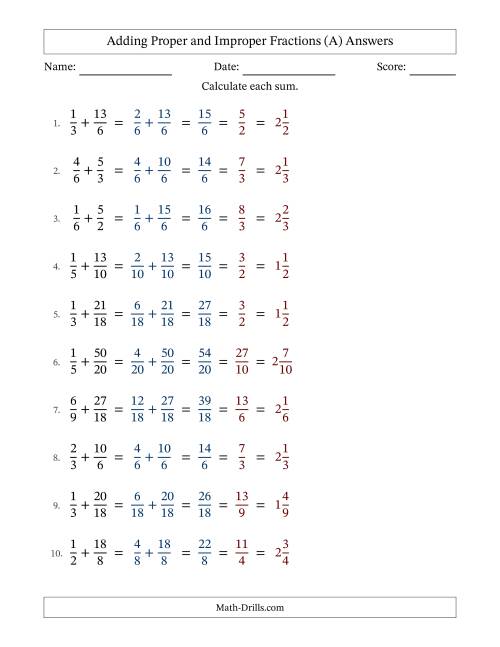 The Adding Proper and Improper Fractions with Similar Denominators, Mixed Fractions Results and All Simplifying (All) Math Worksheet Page 2