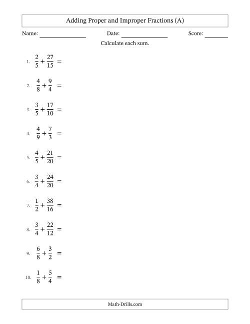 The Adding Proper and Improper Fractions with Similar Denominators, Mixed Fractions Results and Some Simplifying (A) Math Worksheet