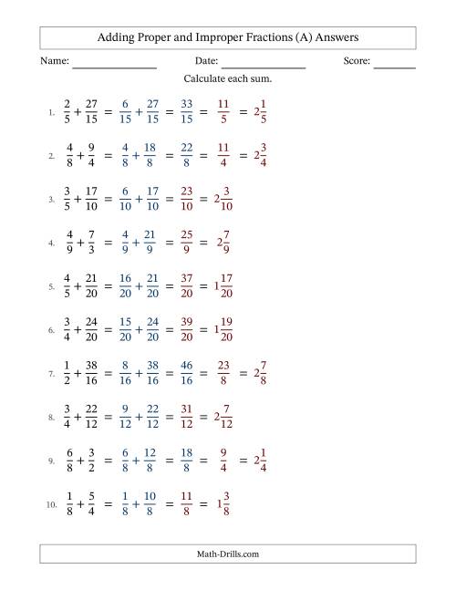 The Adding Proper and Improper Fractions with Similar Denominators, Mixed Fractions Results and Some Simplifying (A) Math Worksheet Page 2