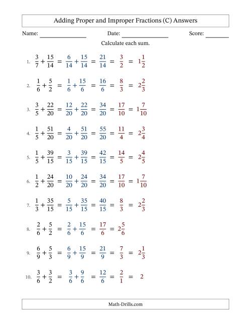 The Adding Proper and Improper Fractions with Similar Denominators, Mixed Fractions Results and Some Simplifying (C) Math Worksheet Page 2