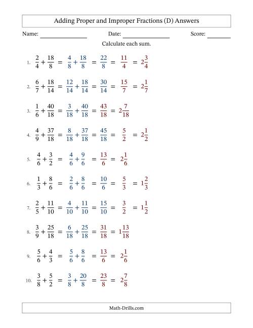 The Adding Proper and Improper Fractions with Similar Denominators, Mixed Fractions Results and Some Simplifying (D) Math Worksheet Page 2