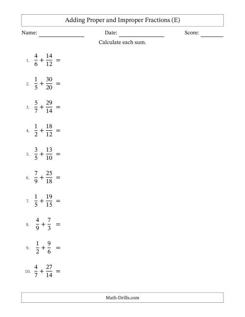 The Adding Proper and Improper Fractions with Similar Denominators, Mixed Fractions Results and Some Simplifying (E) Math Worksheet