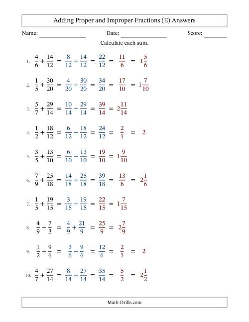 The Adding Proper and Improper Fractions with Similar Denominators, Mixed Fractions Results and Some Simplifying (E) Math Worksheet Page 2