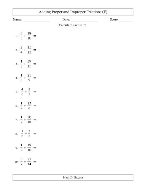 The Adding Proper and Improper Fractions with Similar Denominators, Mixed Fractions Results and Some Simplifying (F) Math Worksheet