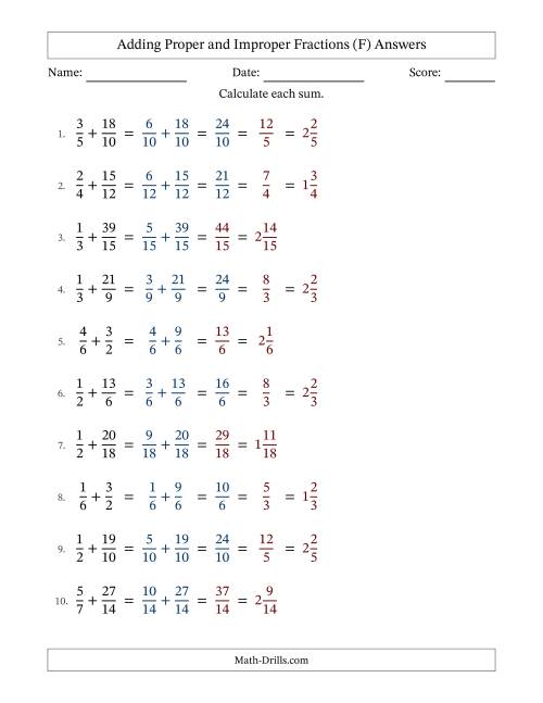 The Adding Proper and Improper Fractions with Similar Denominators, Mixed Fractions Results and Some Simplifying (F) Math Worksheet Page 2