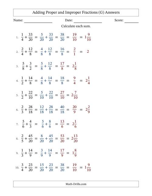 The Adding Proper and Improper Fractions with Similar Denominators, Mixed Fractions Results and Some Simplifying (G) Math Worksheet Page 2