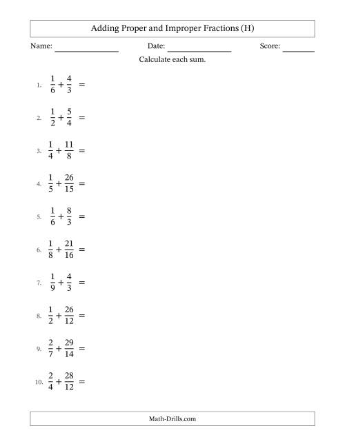 The Adding Proper and Improper Fractions with Similar Denominators, Mixed Fractions Results and Some Simplifying (H) Math Worksheet