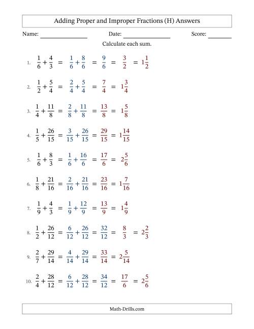The Adding Proper and Improper Fractions with Similar Denominators, Mixed Fractions Results and Some Simplifying (H) Math Worksheet Page 2