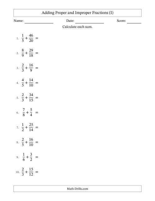 The Adding Proper and Improper Fractions with Similar Denominators, Mixed Fractions Results and Some Simplifying (I) Math Worksheet