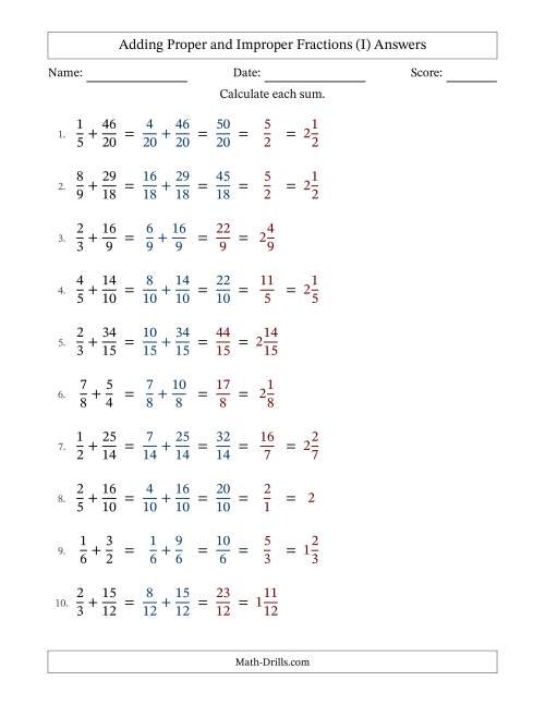 The Adding Proper and Improper Fractions with Similar Denominators, Mixed Fractions Results and Some Simplifying (I) Math Worksheet Page 2