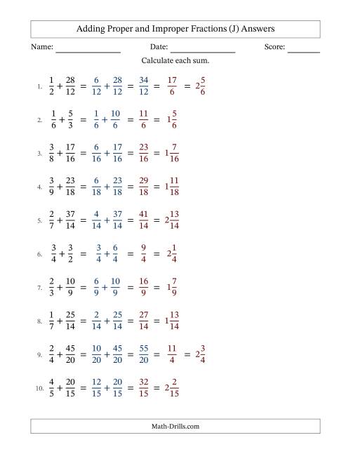 The Adding Proper and Improper Fractions with Similar Denominators, Mixed Fractions Results and Some Simplifying (J) Math Worksheet Page 2
